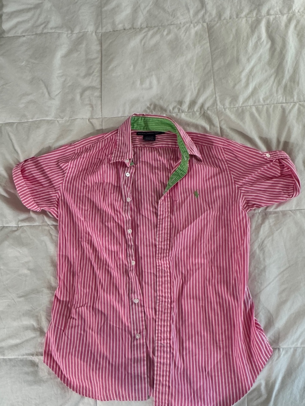 100% cotton Ralph Lauren Pink & White Striped Short-Sleeve Button-Down Shirt
